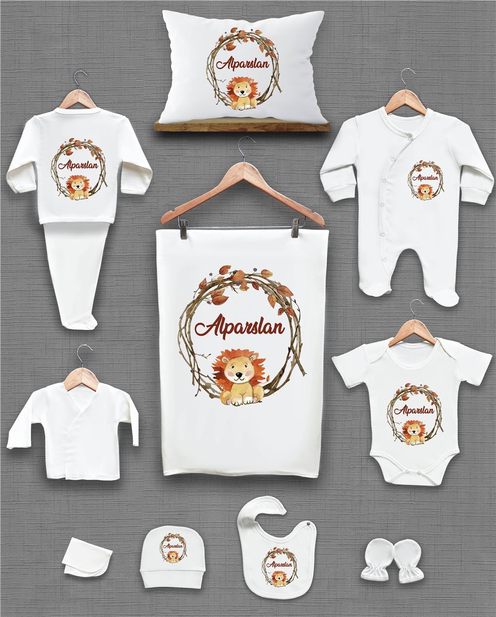 Aslan ve Yaprak Desenli 11'li İsimli Organik Hastane Çıkış Seti