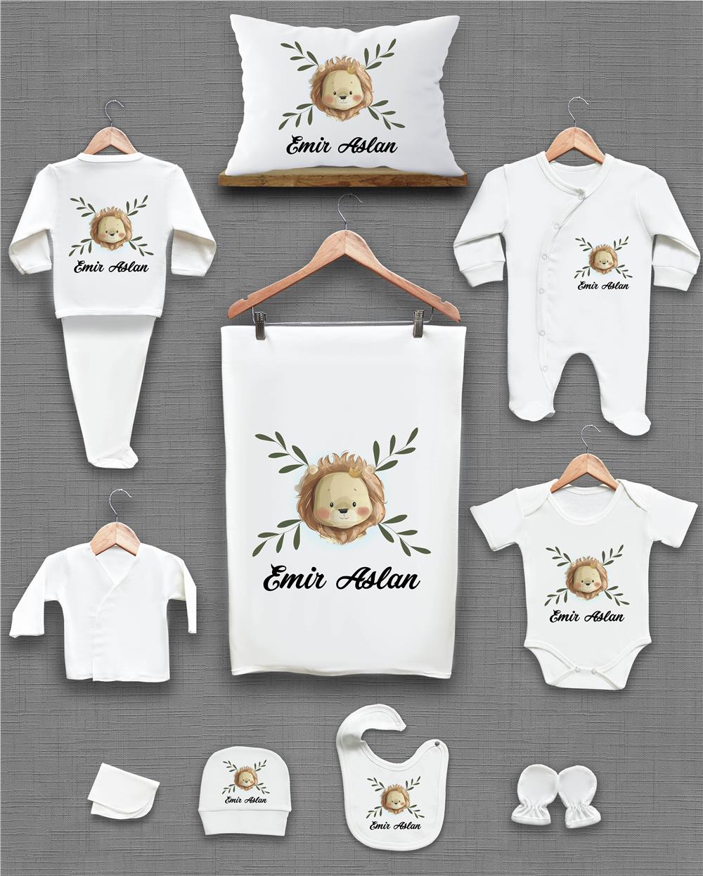 Aslan ve Yaprak Desenli 11'li İsimli Organik Hastane Çıkış Seti