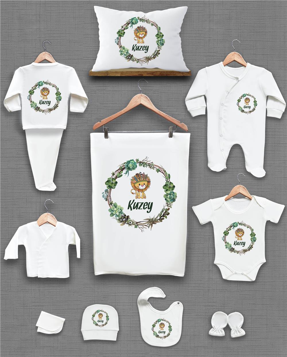 Aslan ve Yeşil Yaprak Desenli 11'li İsimli Organik Hastane Çıkış Seti