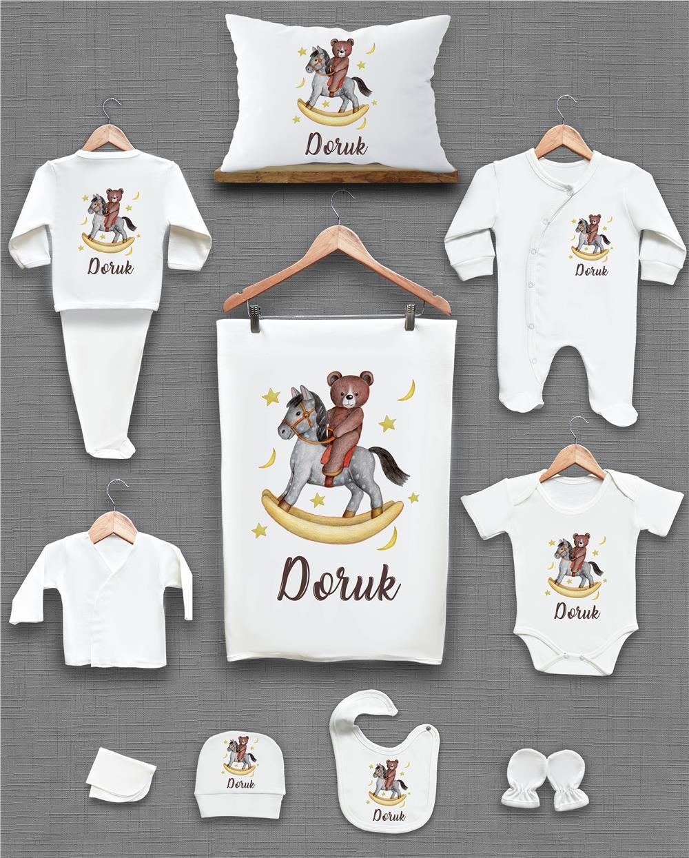 At ve Ayı Desenli 11'li İsimli Organik Hastane Çıkış Seti