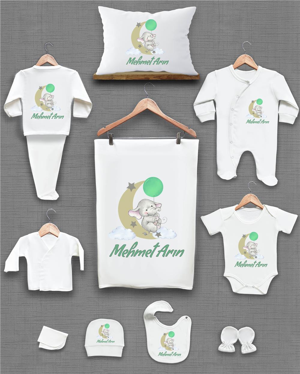 Ay ve Fil Desenli 11'li İsimli Organik Hastane Çıkış Seti