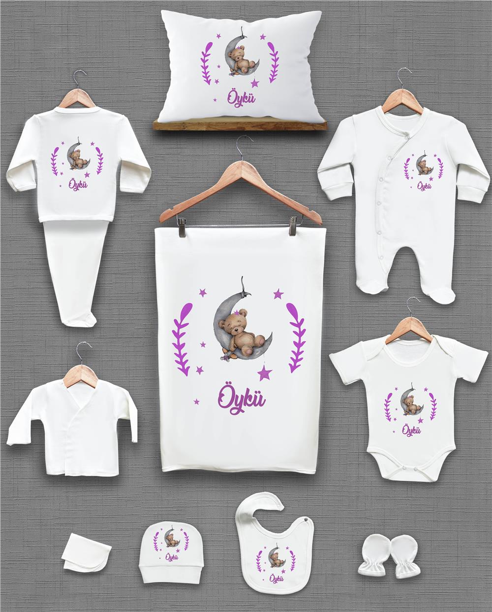 Ay Yaprak ve Ayı Desenli 11'li İsimli Organik Hastane Çıkış Seti