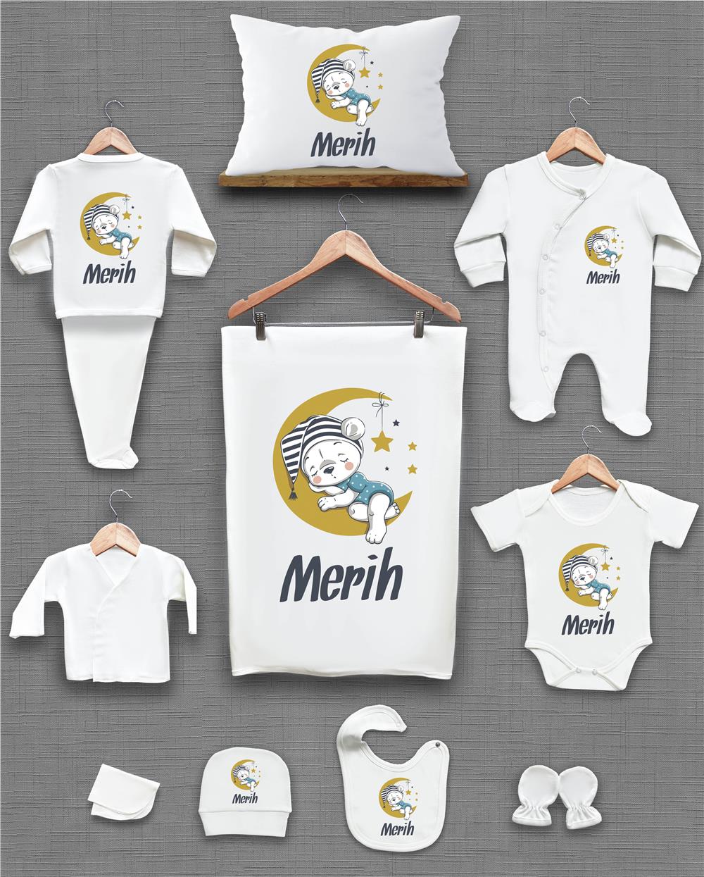 Ayı ve Ay Desenli 11'li İsimli Organik Hastane Çıkış Seti