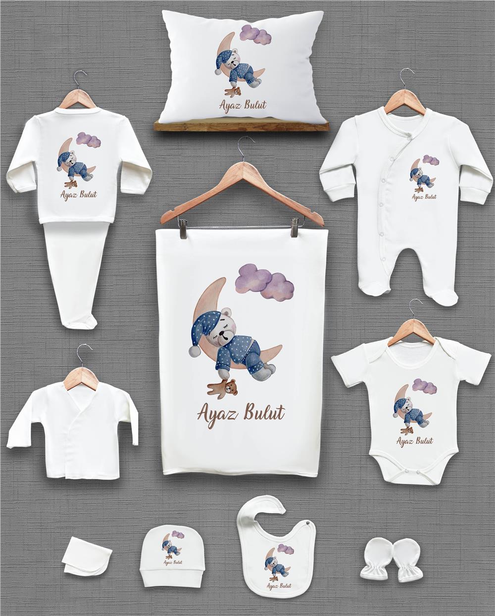 Ayı ve Ay Desenli 11'li İsimli Organik Hastane Çıkış Seti