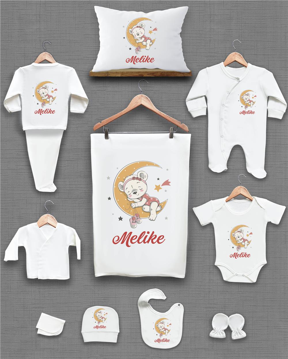 Ayı ve Ay Desenli 11'li İsimli Organik Hastane Çıkış Seti