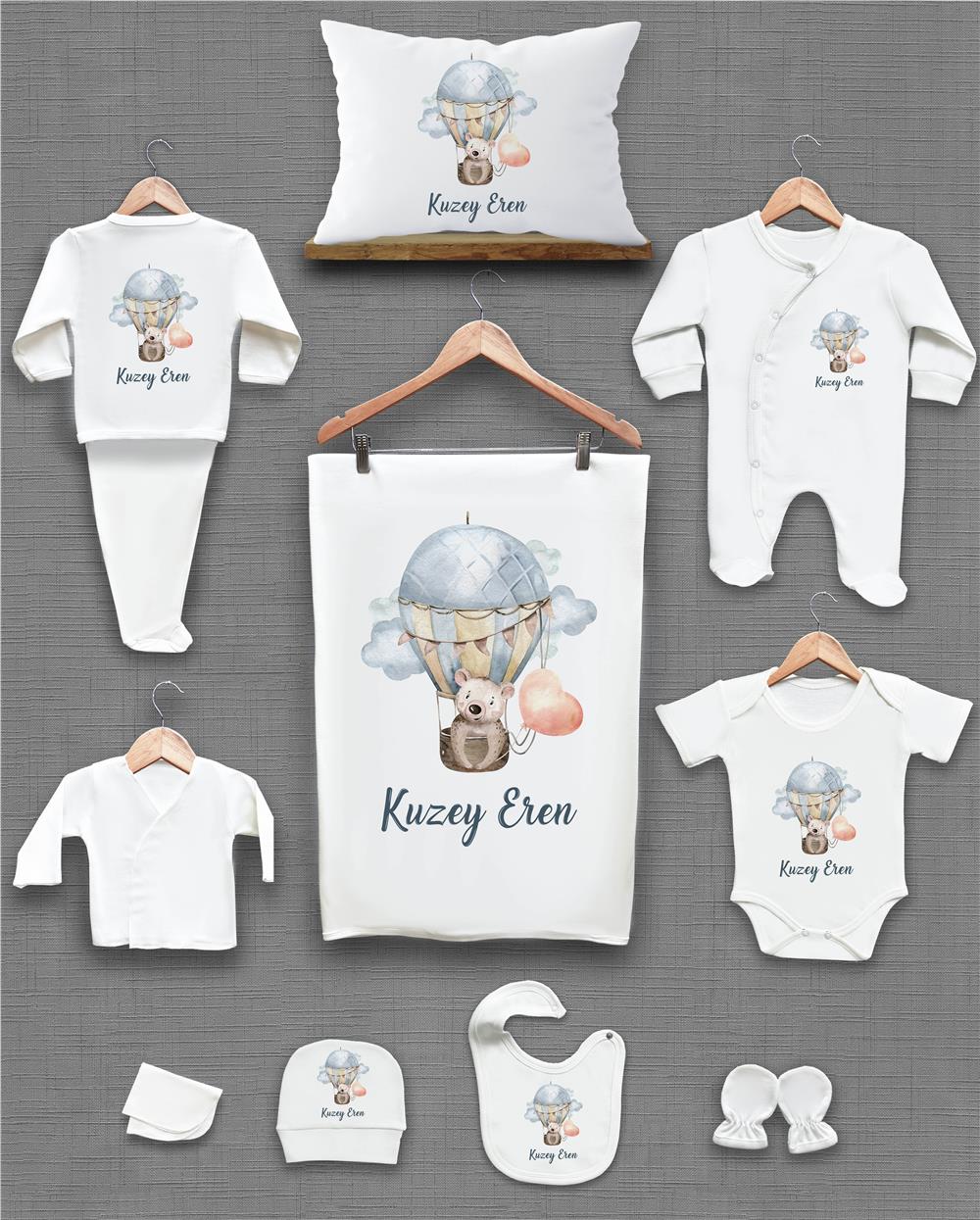 Ayı ve Balon Desenli 11'li İsimli Organik Hastane Çıkış Seti