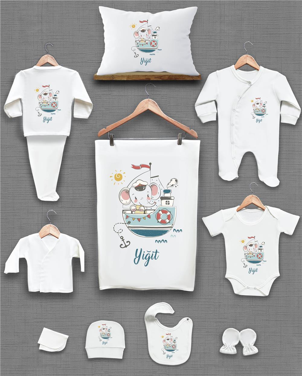 Ayı ve Gemi Desenli 11'li İsimli Organik Hastane Çıkış Seti