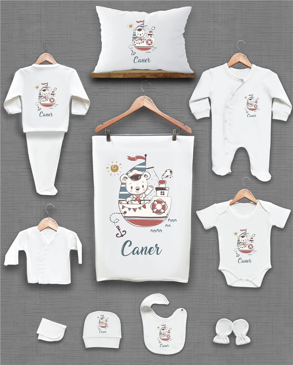 Ayı ve Gemi Desenli 11'li İsimli Organik Hastane Çıkış Seti