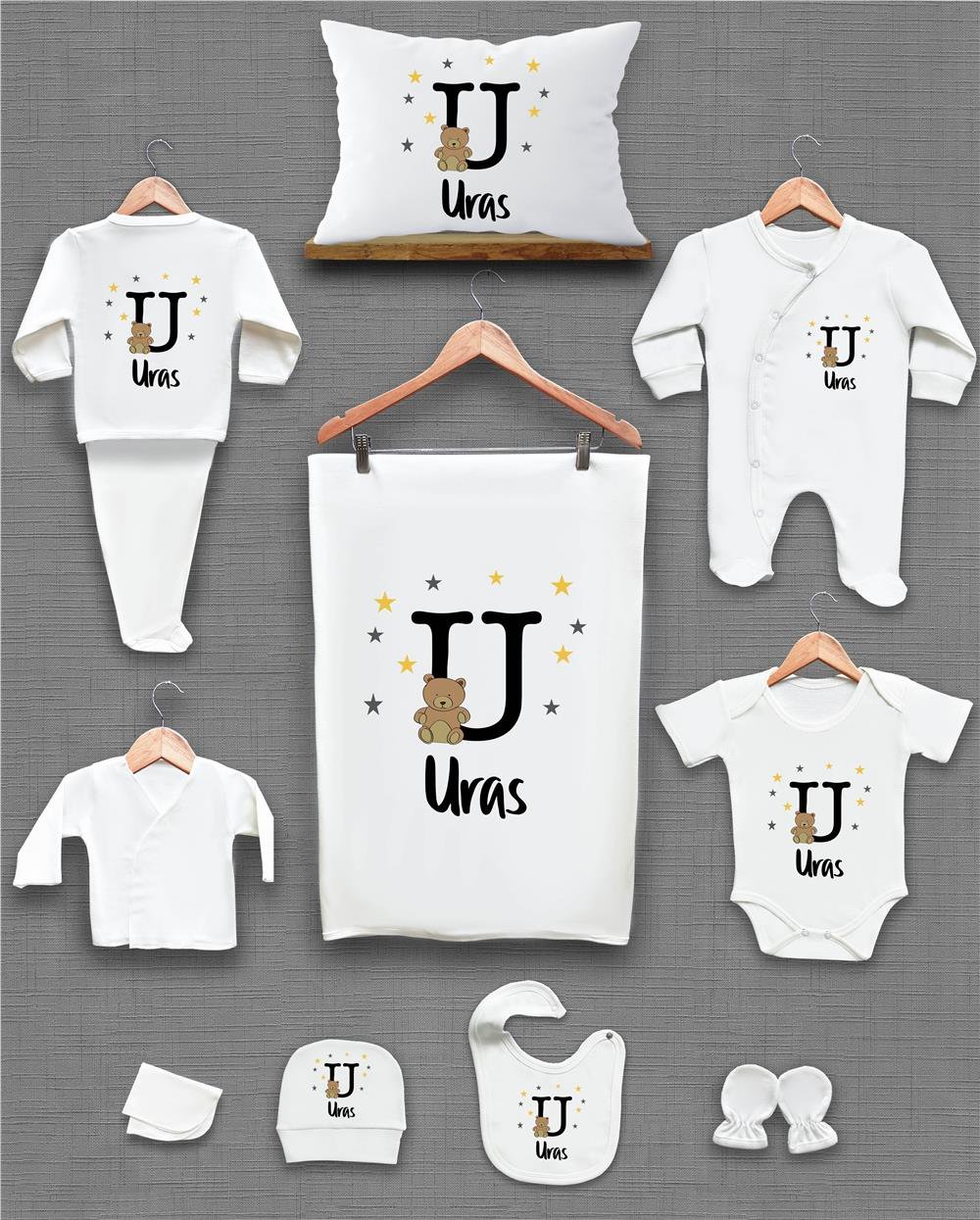 Ayı ve Harf Desenli 11'li İsimli Organik Hastane Çıkış Seti