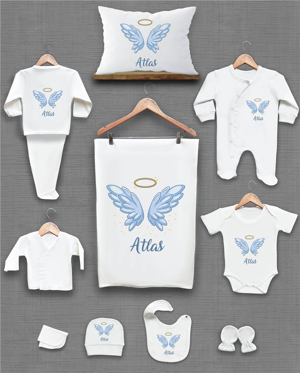 Ayı ve Paraşüt Desenli 11'li İsimli Organik Hastane Çıkış Seti