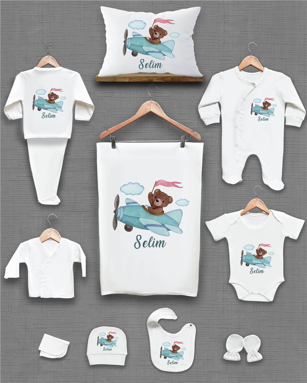 Ayı ve Uçak Desenli 11'li İsimli Organik Hastane Çıkış Seti