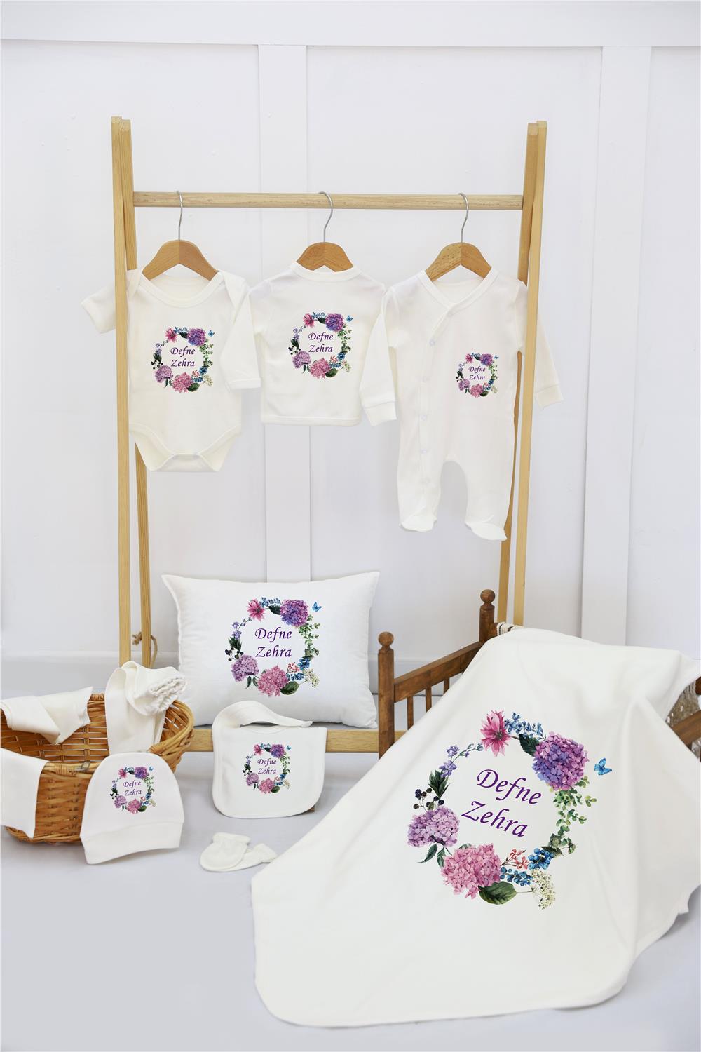 Balerin ve Tavşan Desenli 11'li İsimli Organik Hastane Çıkış Seti