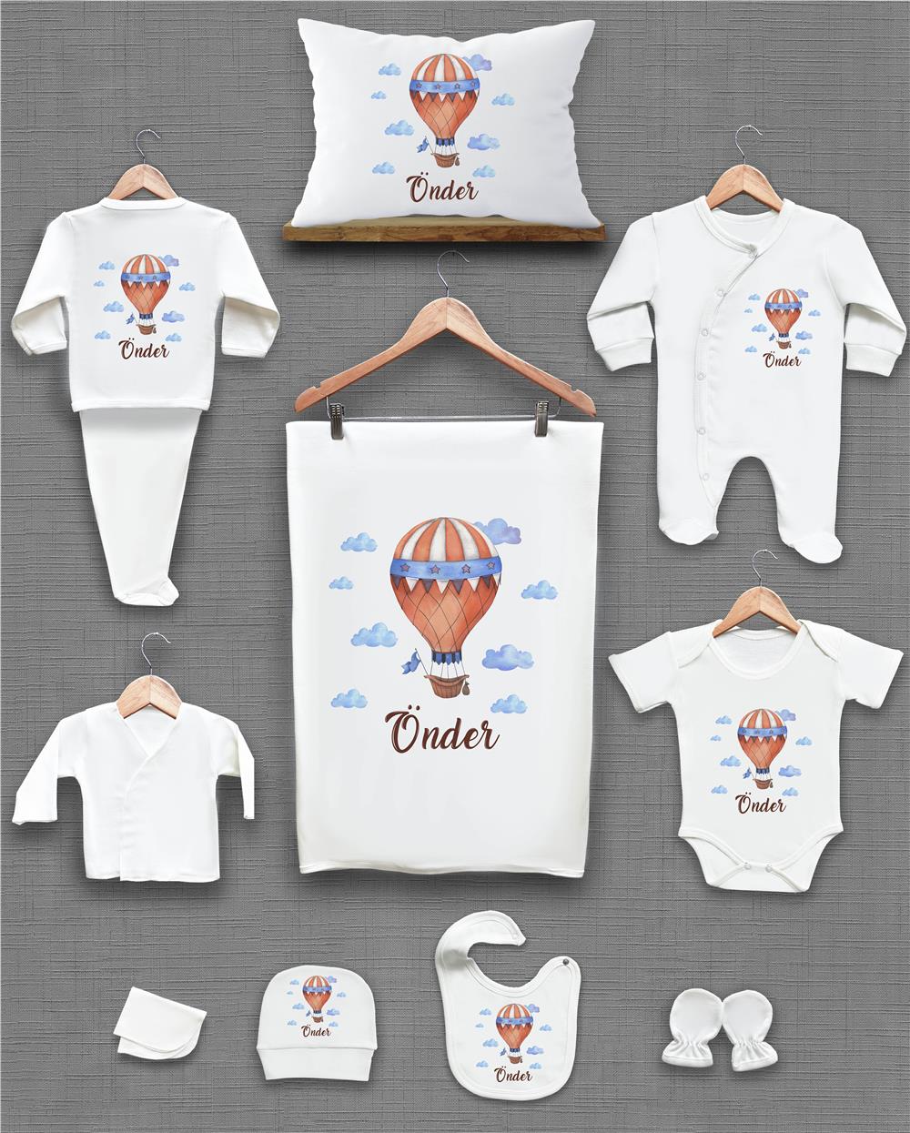 Balon ve Bulut Desenli 11'li İsimli Organik Hastane Çıkış Seti