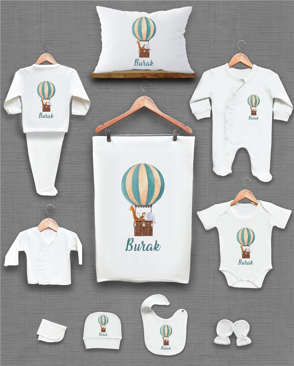 Balon ve Sevimli Hayvanlar Desenli 11'li İsimli Organik Hastane Çıkış Seti