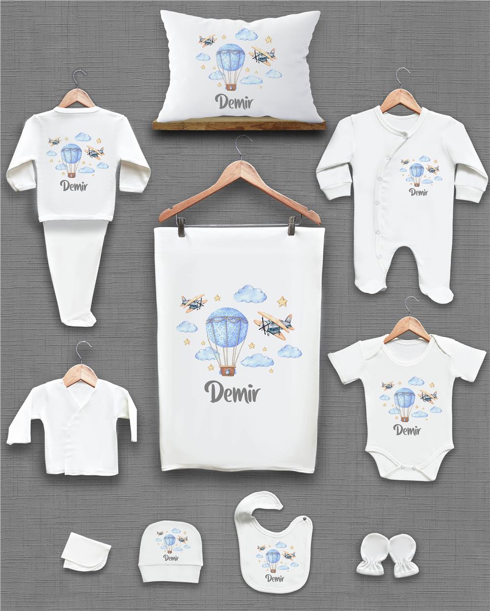 Balon ve Uçak Desenli 11'li İsimli Organik Hastane Çıkış Seti