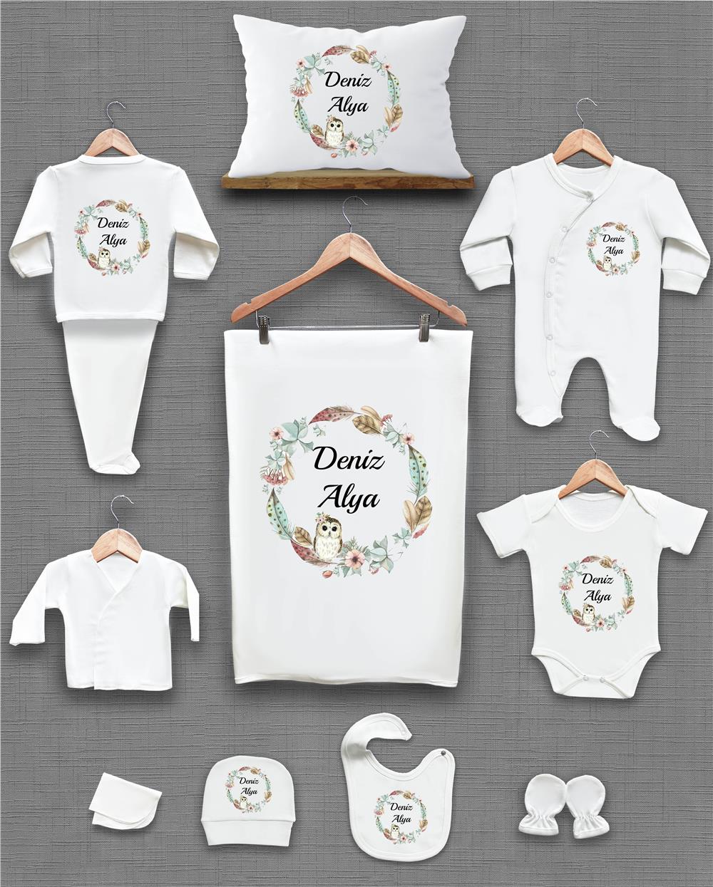 Baykuş ve Kuş Tüğü Desenli 11'li İsimli Organik Hastane Çıkış Seti