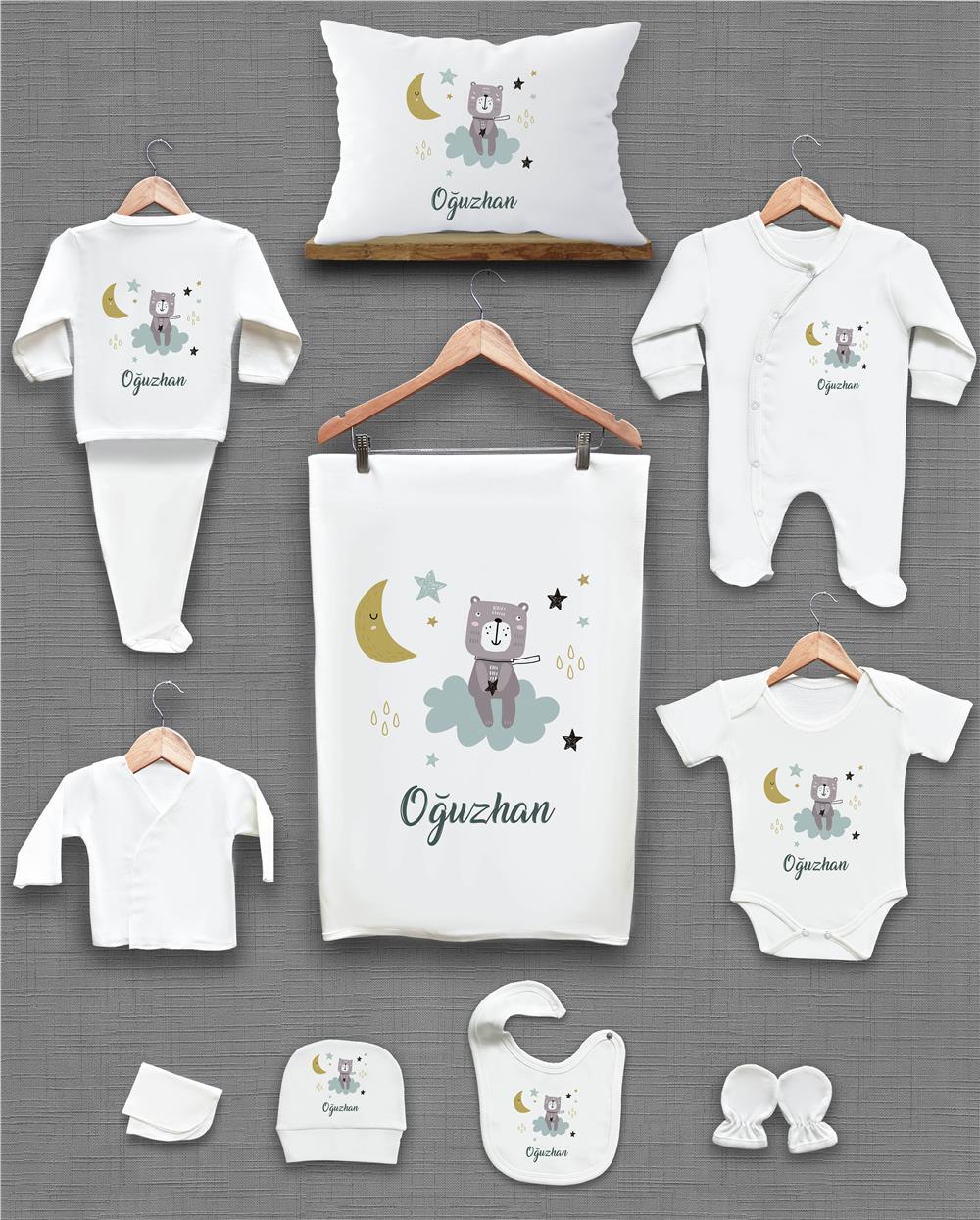 Bulut ve Ay Desenli 11'li İsimli Organik Hastane Çıkış Seti