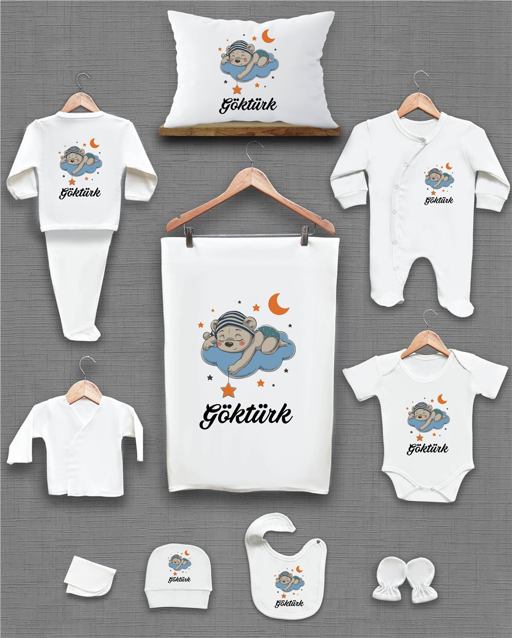 Bulut ve Ay Desenli 11'li İsimli Organik Hastane Çıkış Seti