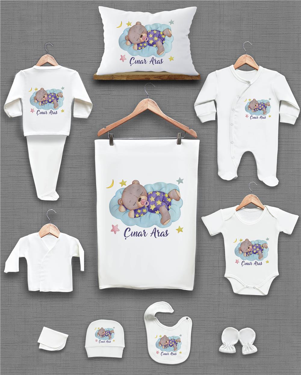 Bulut ve Ayı Desenli 11'li İsimli Organik Hastane Çıkış Seti