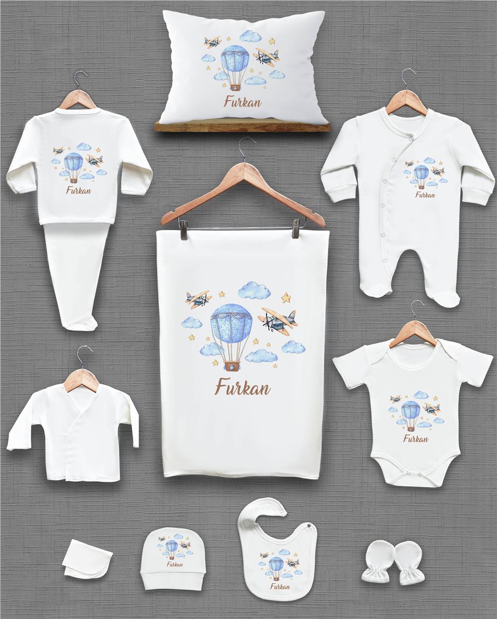 Bulut ve Uçak Desenli 11'li İsimli Organik Hastane Çıkış Seti