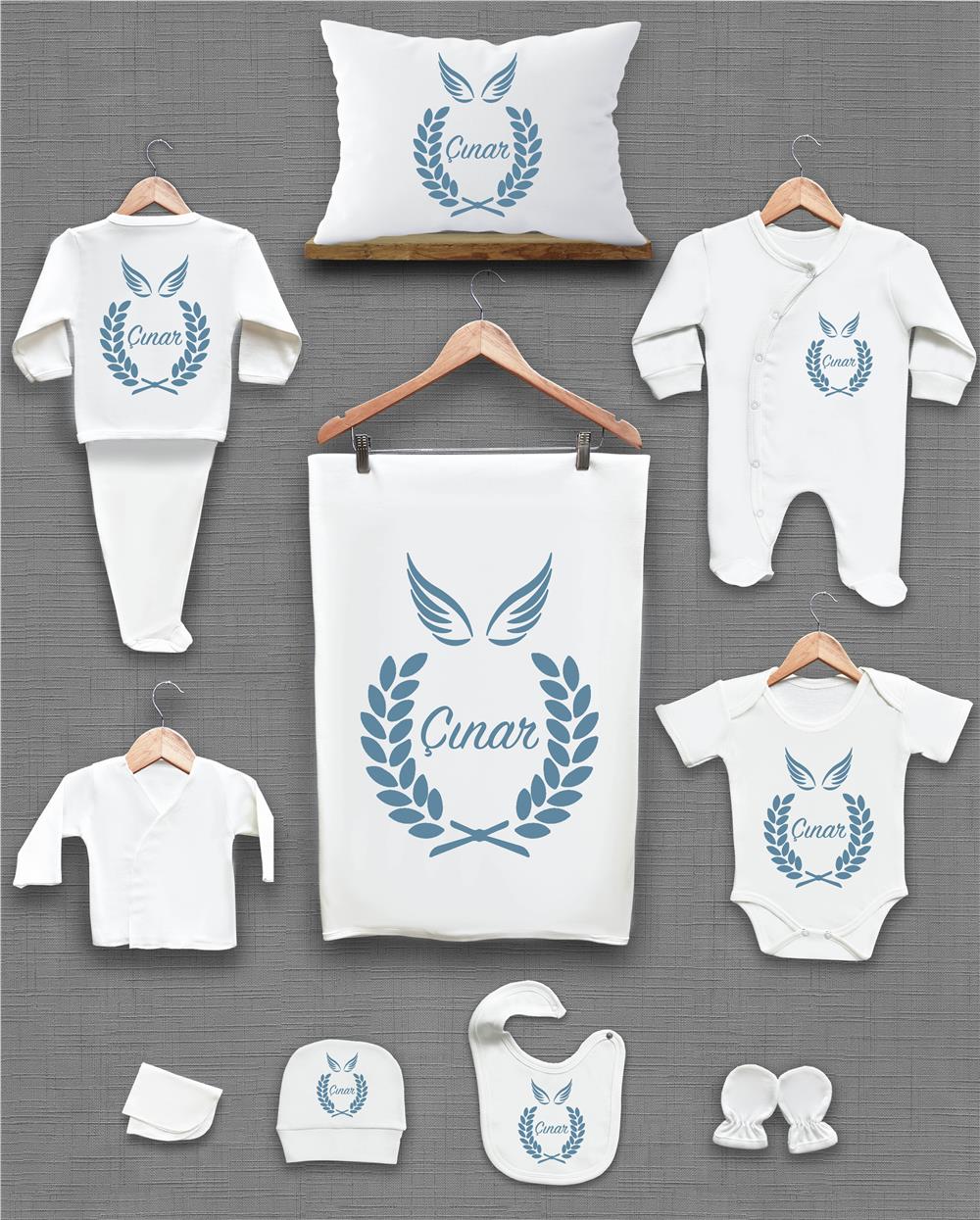 Çelenk ve Kanat Desenli 11'li İsimli Organik Hastane Çıkış Seti