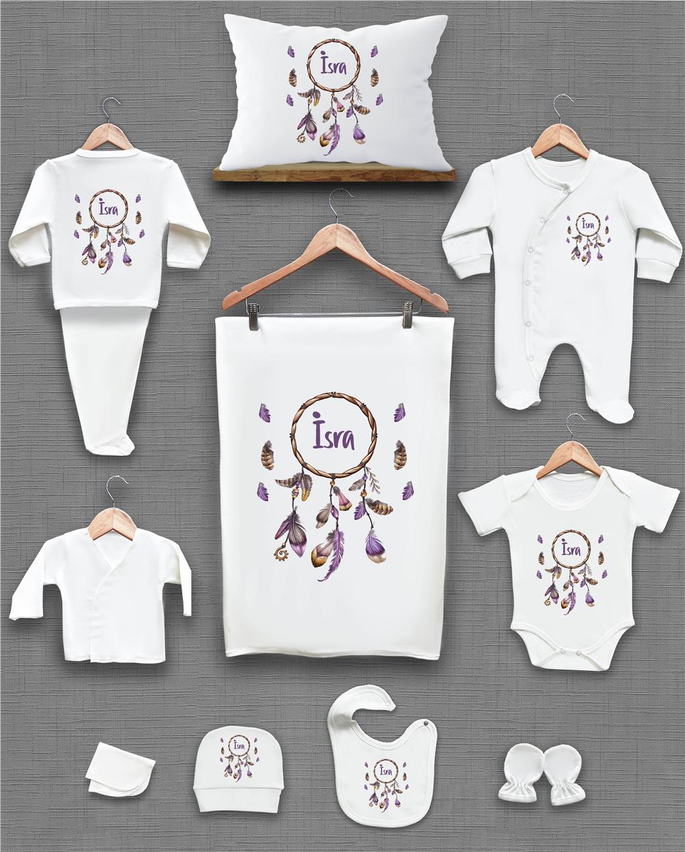 Çelenk ve Kuş Tüğü Desenli 11'li İsimli Organik Hastane Çıkış Seti