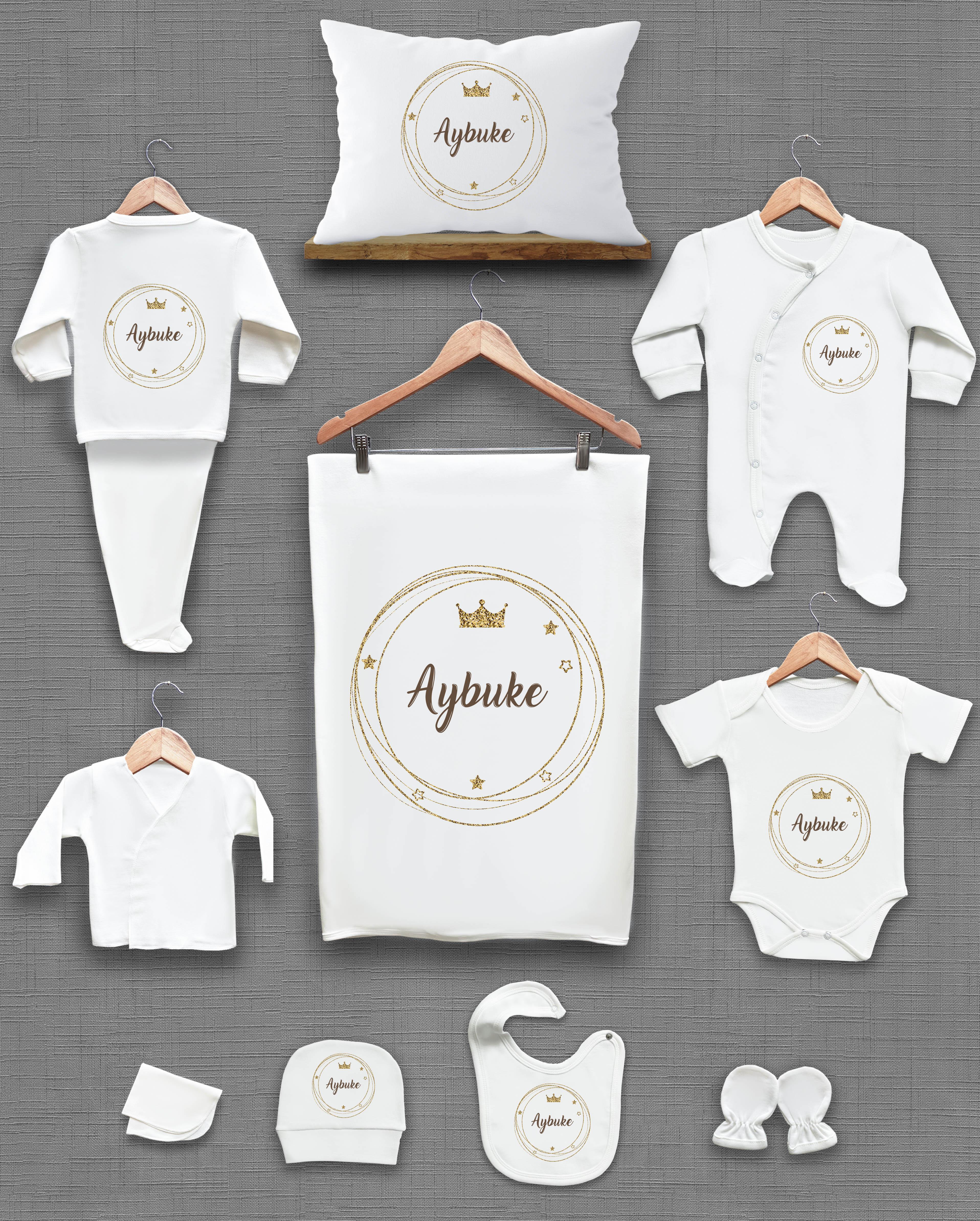 Çelenk ve Taç Desenli 11'li İsimli Organik Hastane Çıkış Seti