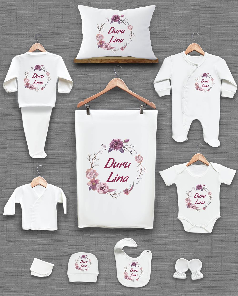 Çiçek Desenli 11'li İsimli Organik Hastane Çıkış Seti