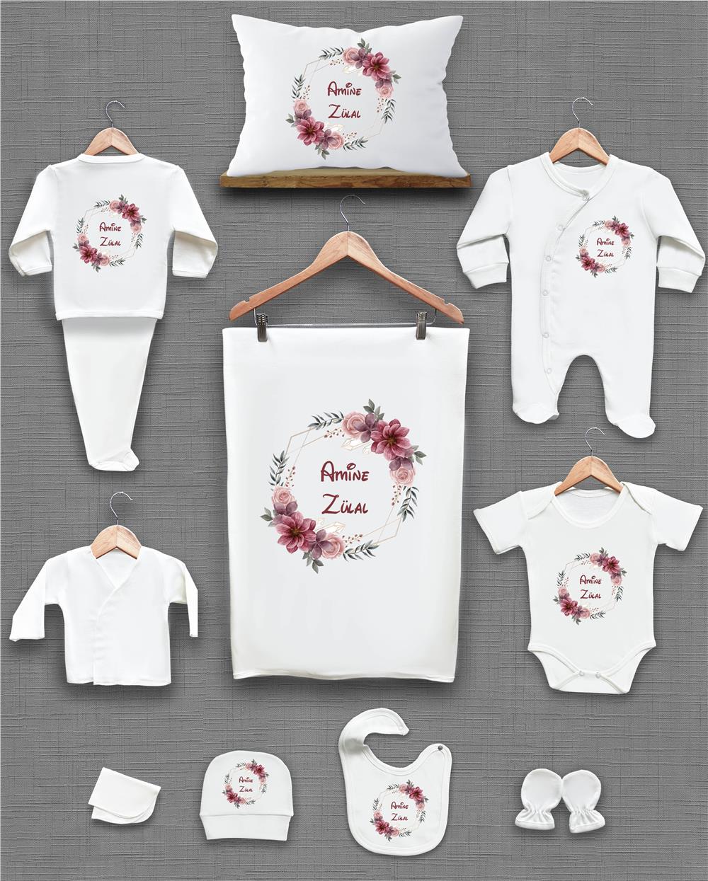 Çiçek Desenli 11'li İsimli Organik Hastane Çıkış Seti