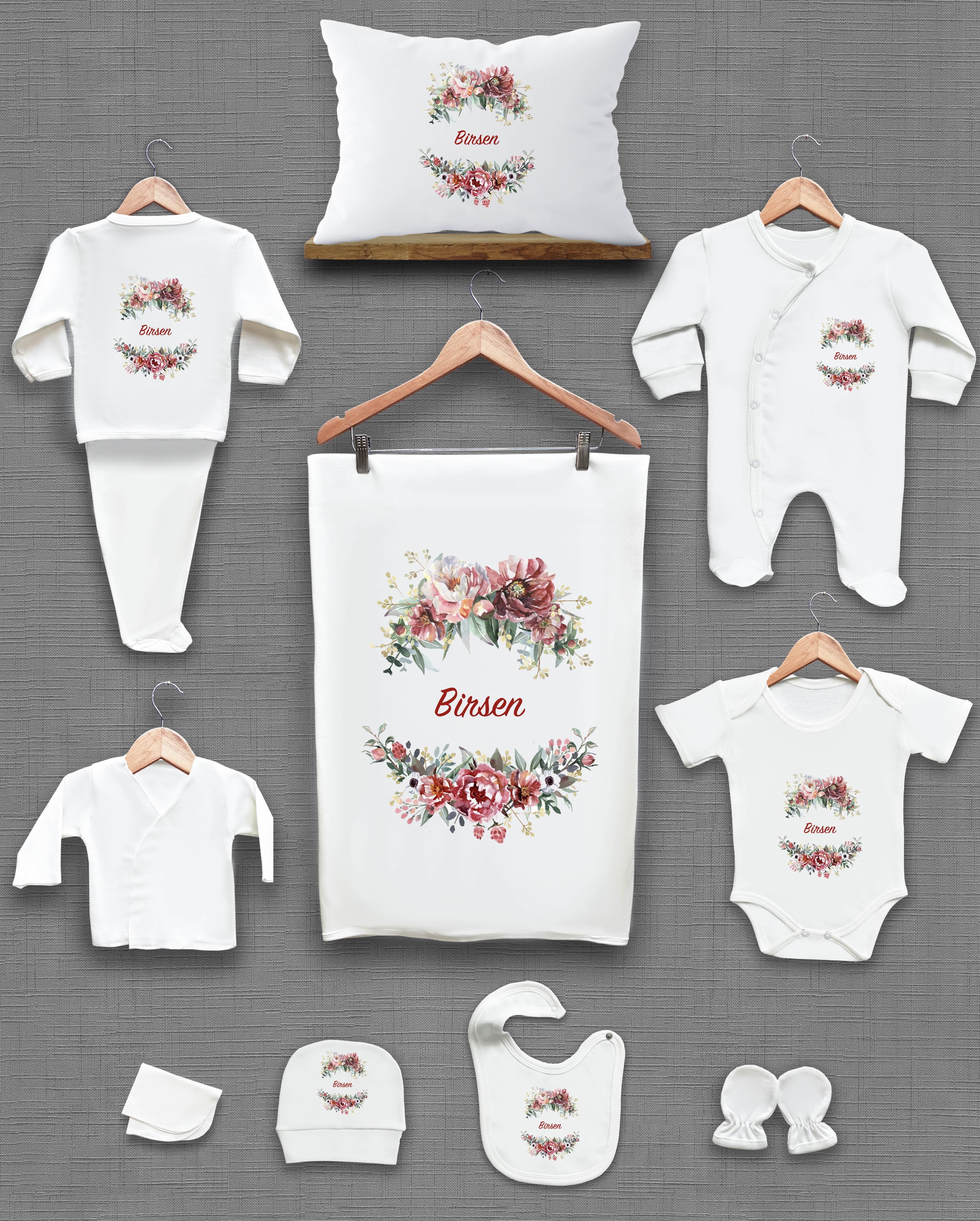 Çiçek Desenli 11'li İsimli Organik Hastane Çıkış Seti