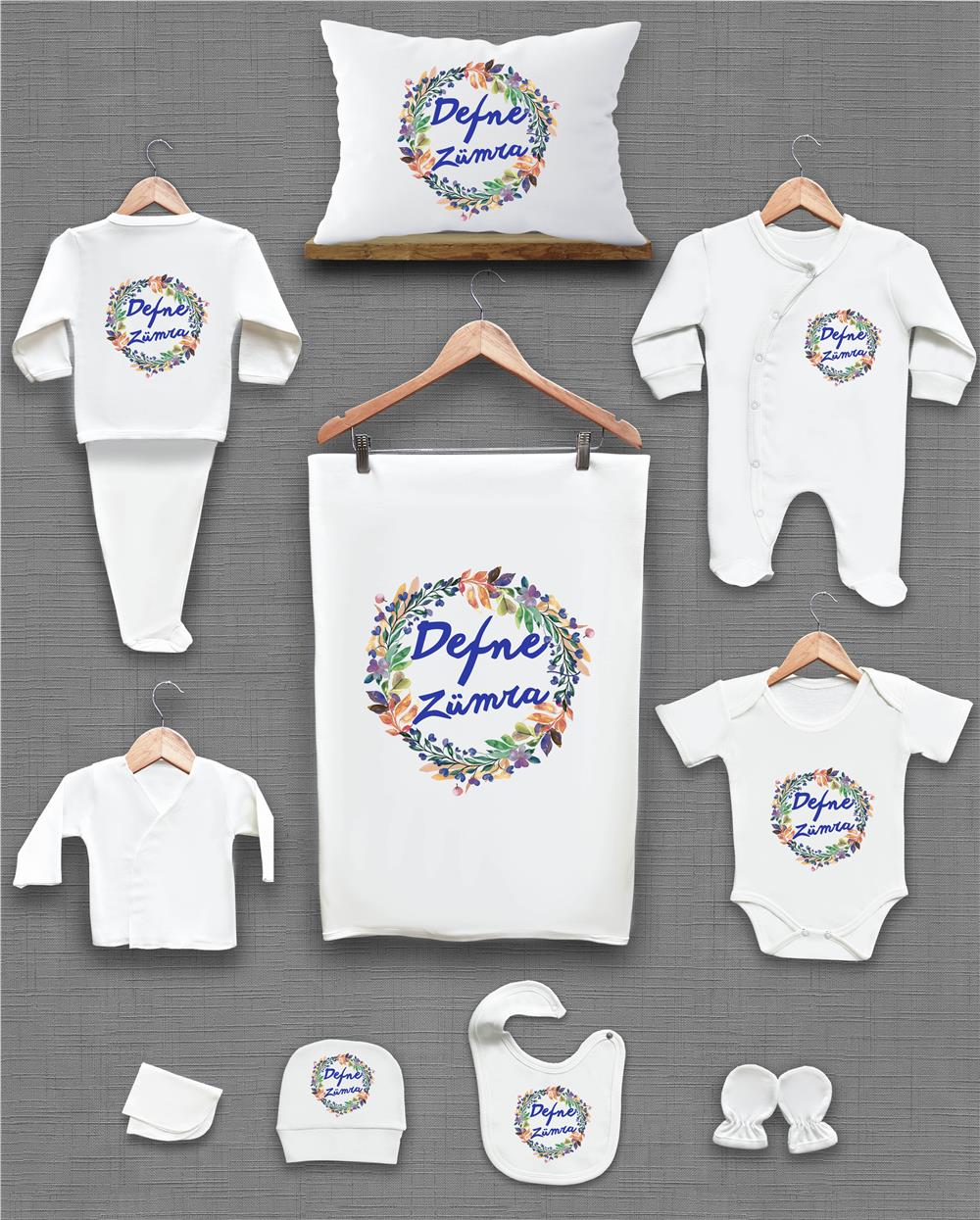 Çiçek Desenli 11'li İsimli Organik Hastane Çıkış Seti