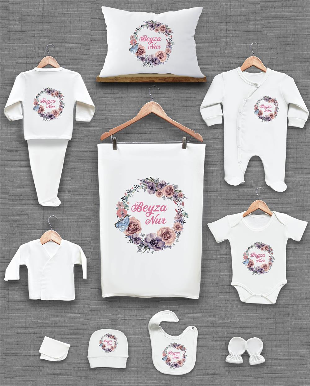 Çiçek Desenli 11'li İsimli Organik Hastane Çıkış Seti