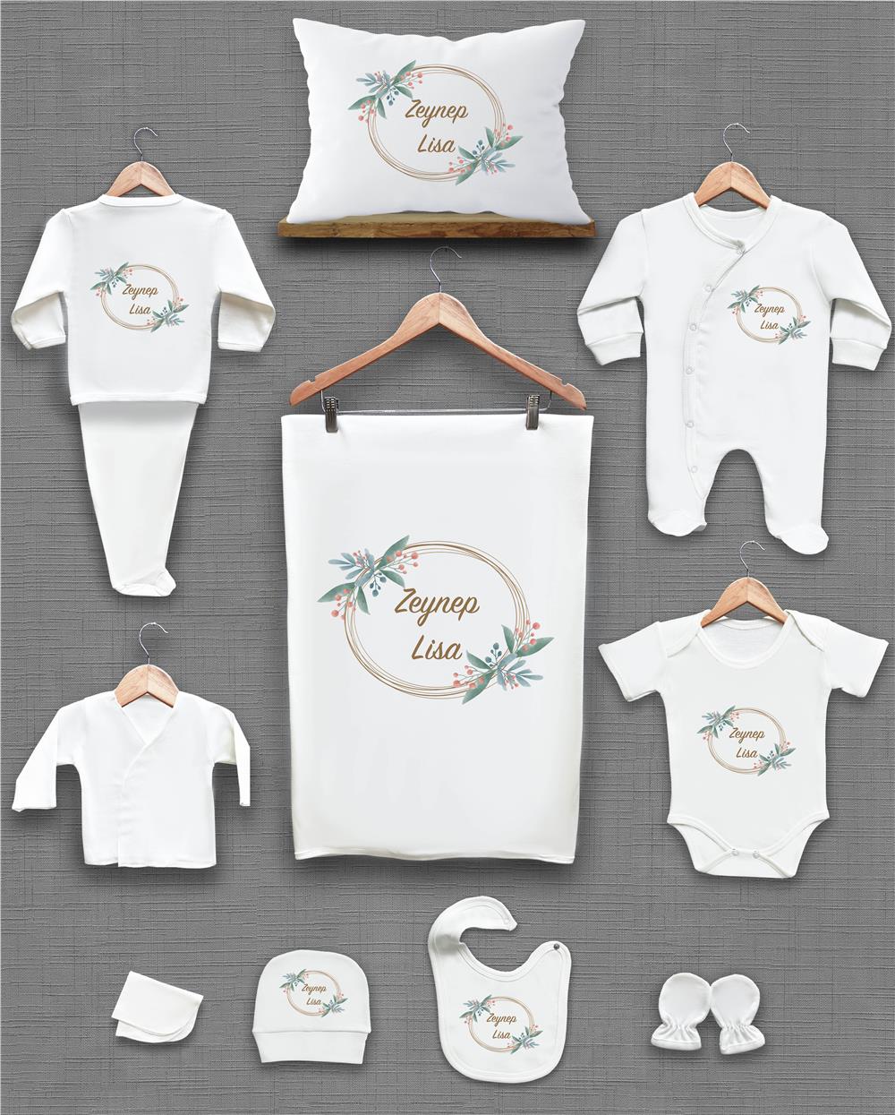 Çiçek Desenli 11'li İsimli Organik Hastane Çıkış Seti