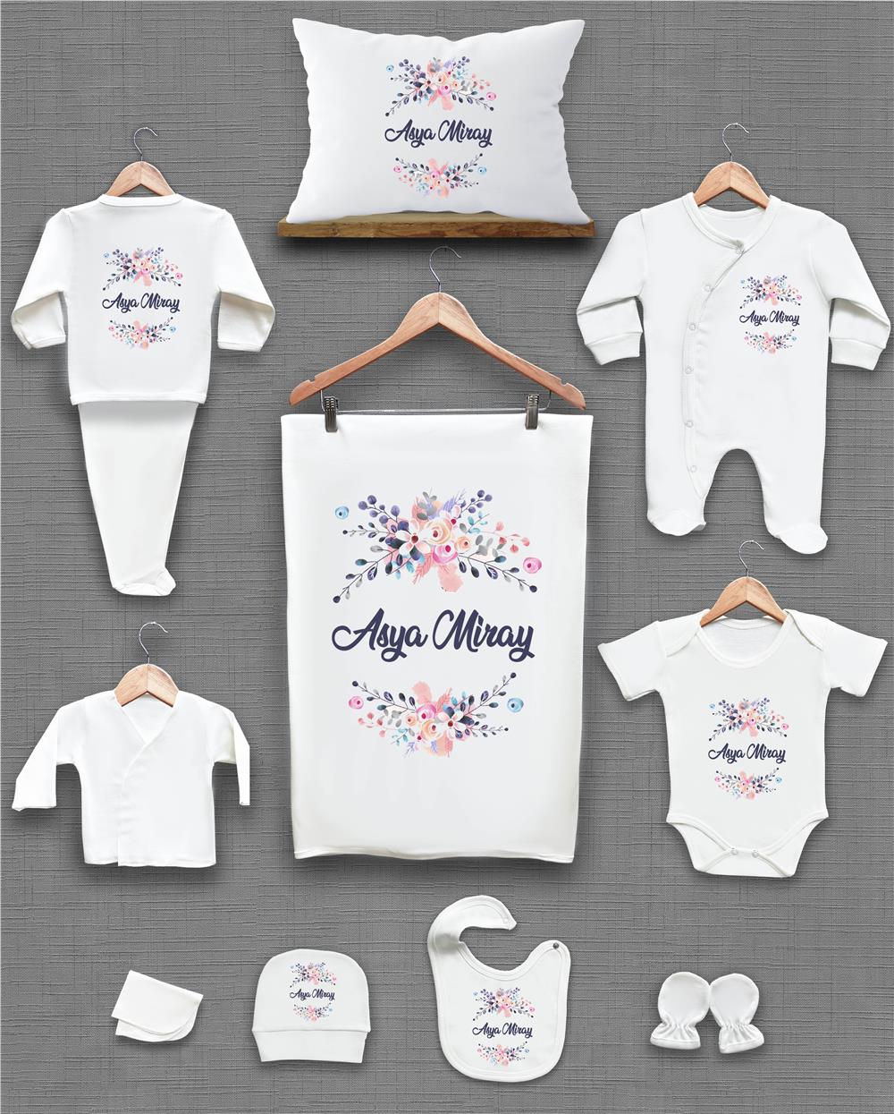 Çiçek Desenli 11'li İsimli Organik Hastane Çıkış Seti