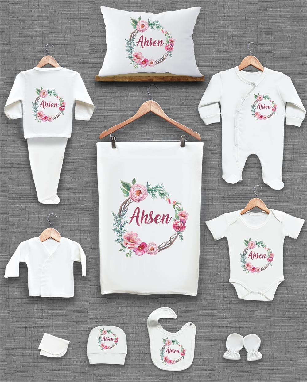 Çiçek Desenli 11'li İsimli Organik Hastane Çıkış Seti