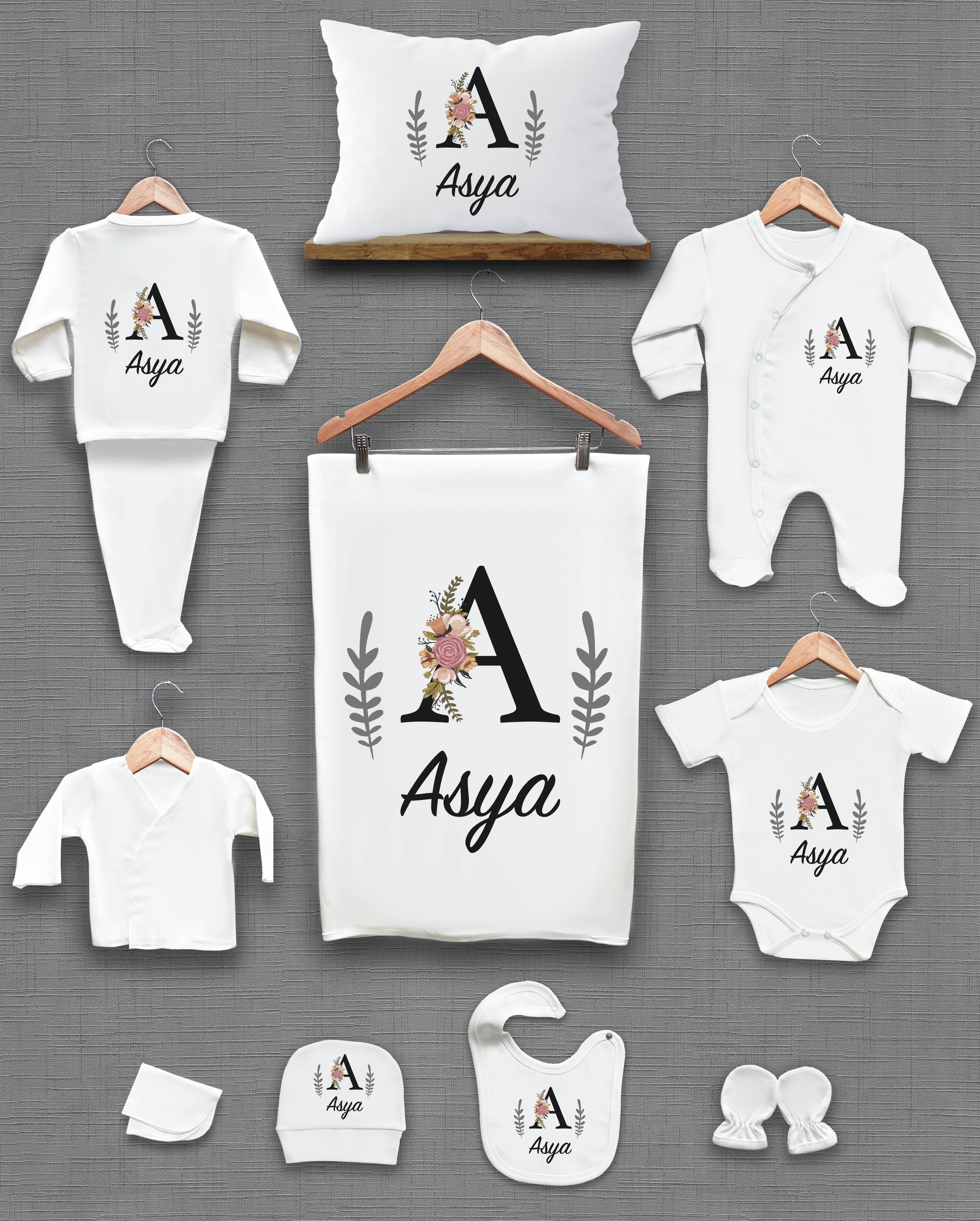 Çiçek ve Harf Desenli 11'li İsimli Organik Hastane Çıkış Seti