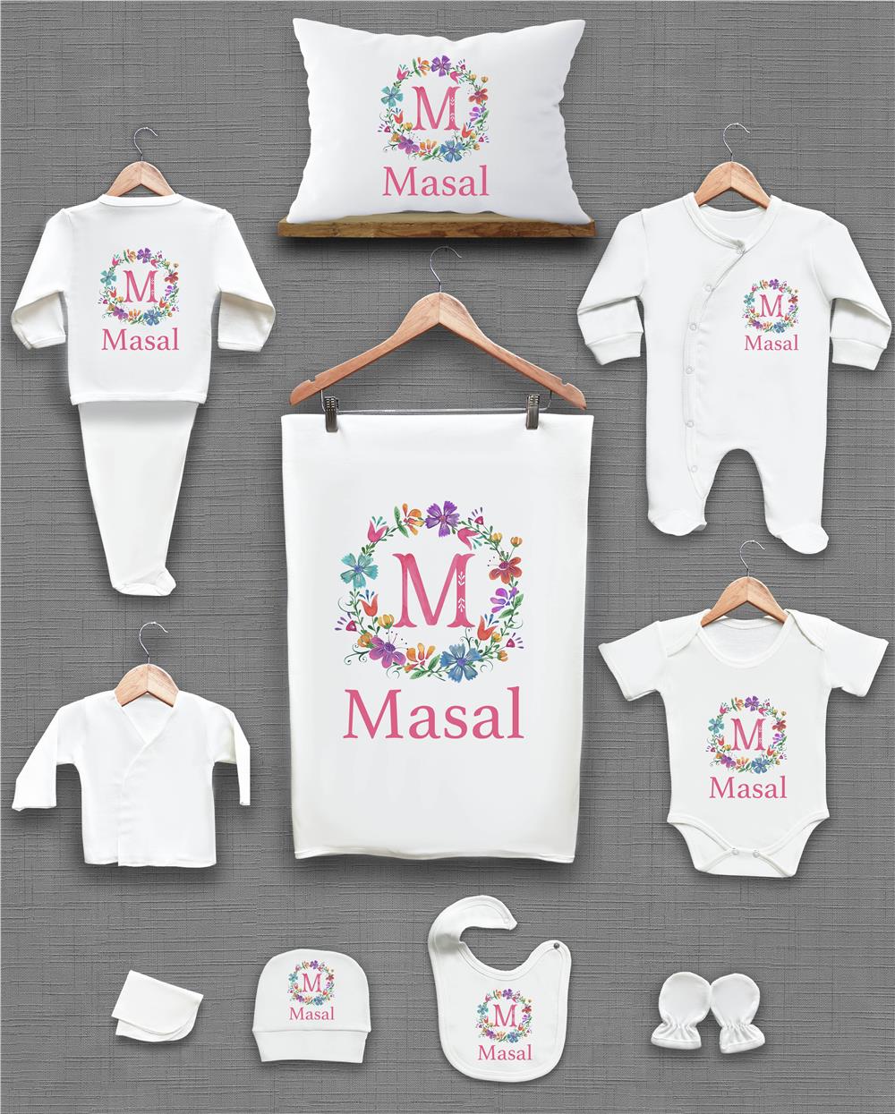 Çiçek ve Harf Desenli 11'li İsimli Organik Hastane Çıkış Seti