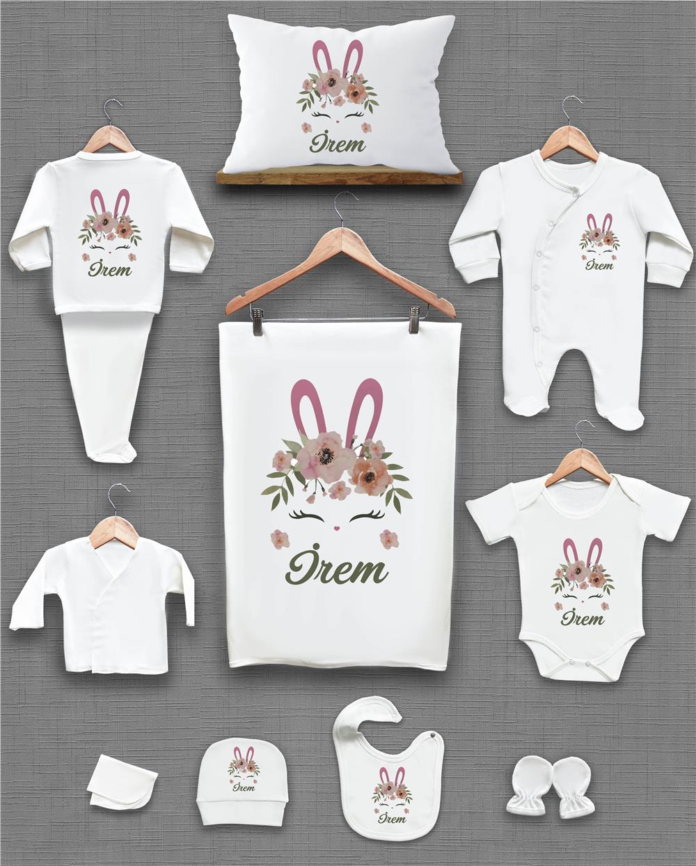 Çiçek ve Tavşan Kulak Desenli 11'li İsimli Organik Hastane Çıkış Seti