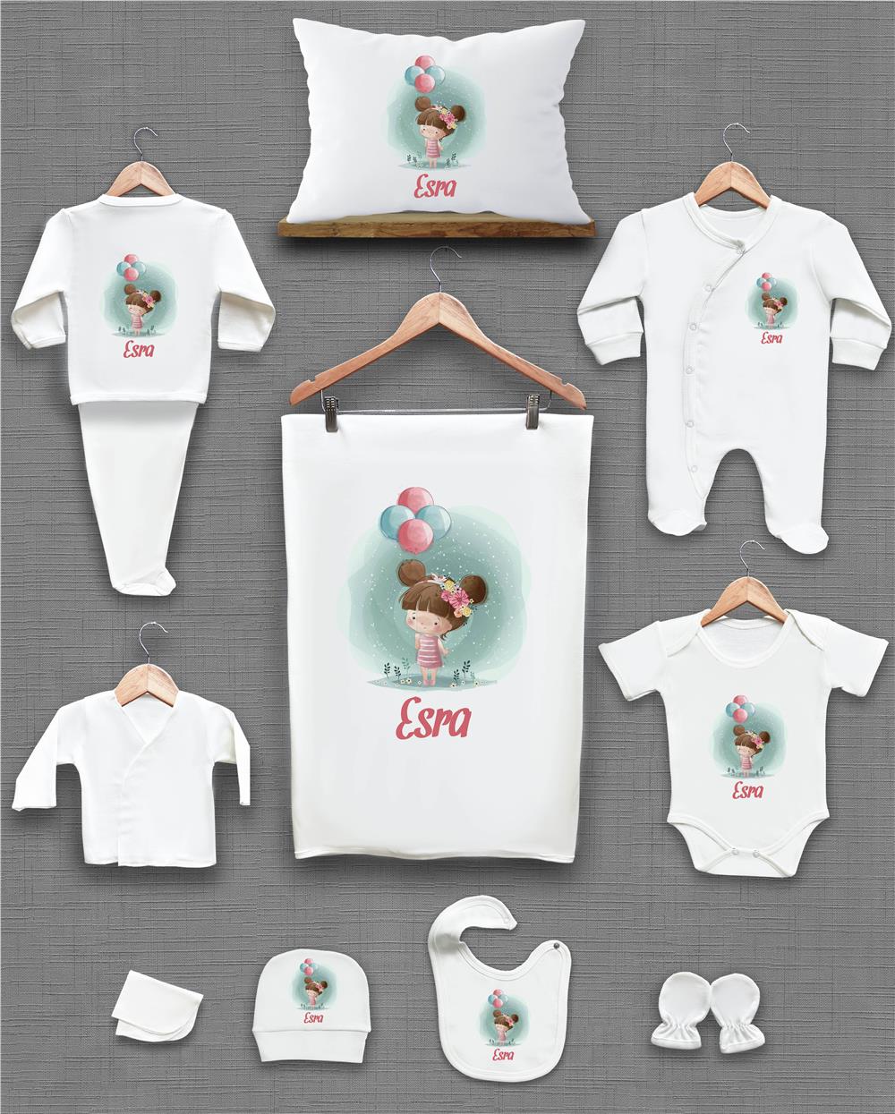 Çocuk ve Balon Desenli 11'li İsimli Organik Hastane Çıkış Seti