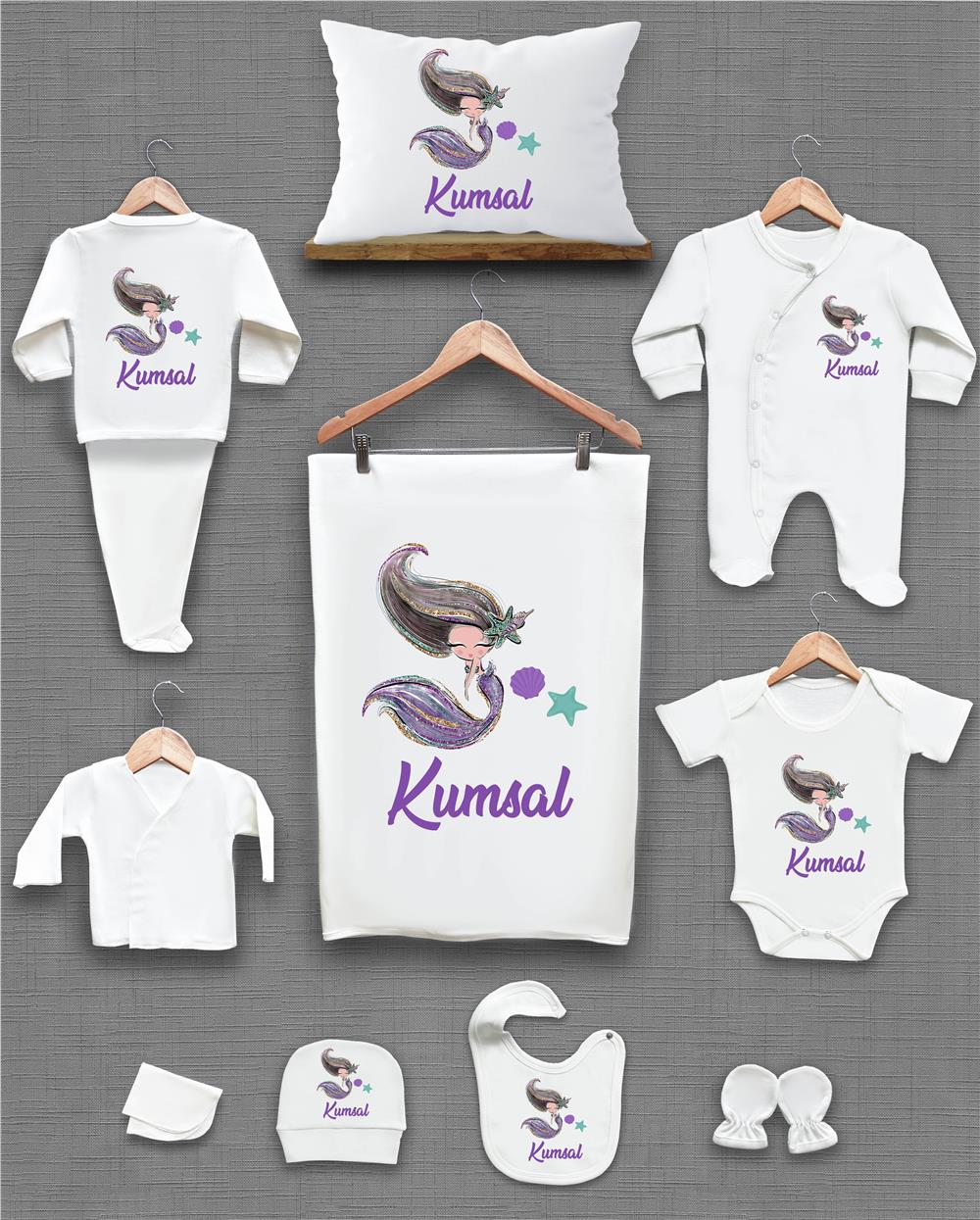 Deniz Kızı Desenli 11'li İsimli Organik Hastane Çıkış Seti