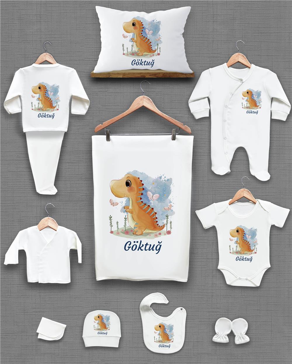 Dinazor Desenli 11'li İsimli Organik Hastane Çıkış Seti