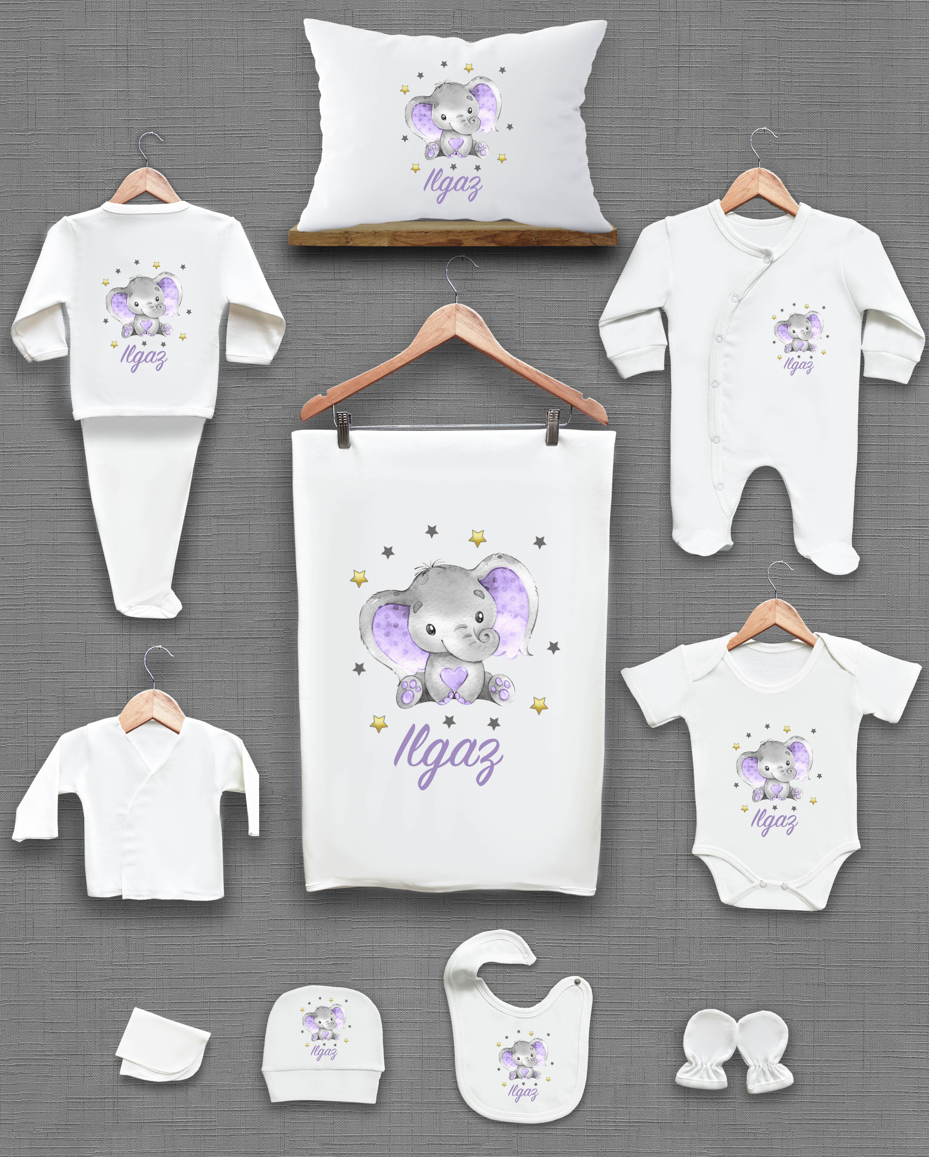 Fil Desenli 11'li İsimli Organik Hastane Çıkış Seti