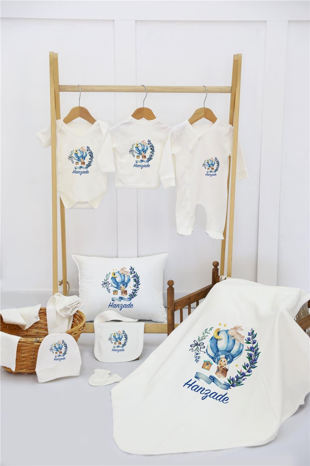 Fil ve Balon Desenli 11'li İsimli Organik Hastane Çıkış Seti