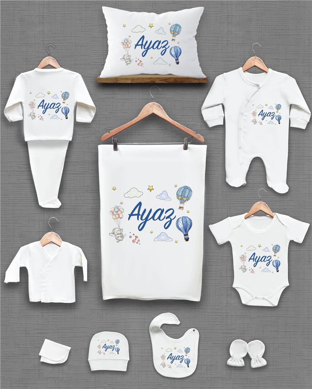 Fil ve Balon Desenli 11'li İsimli Organik Hastane Çıkış Seti