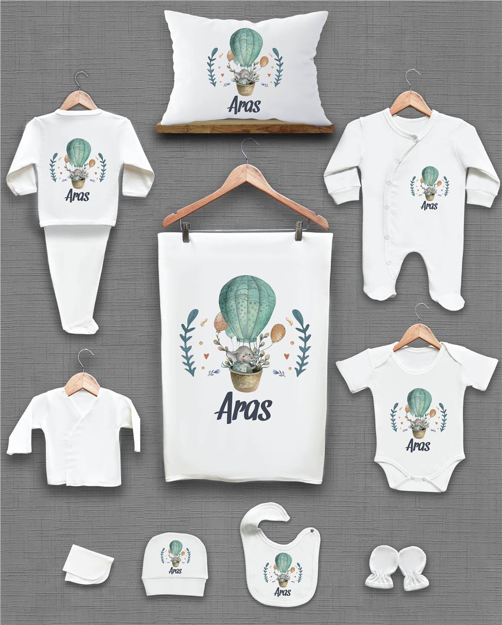 Fil ve Balon Desenli 11'li İsimli Organik Hastane Çıkış Seti