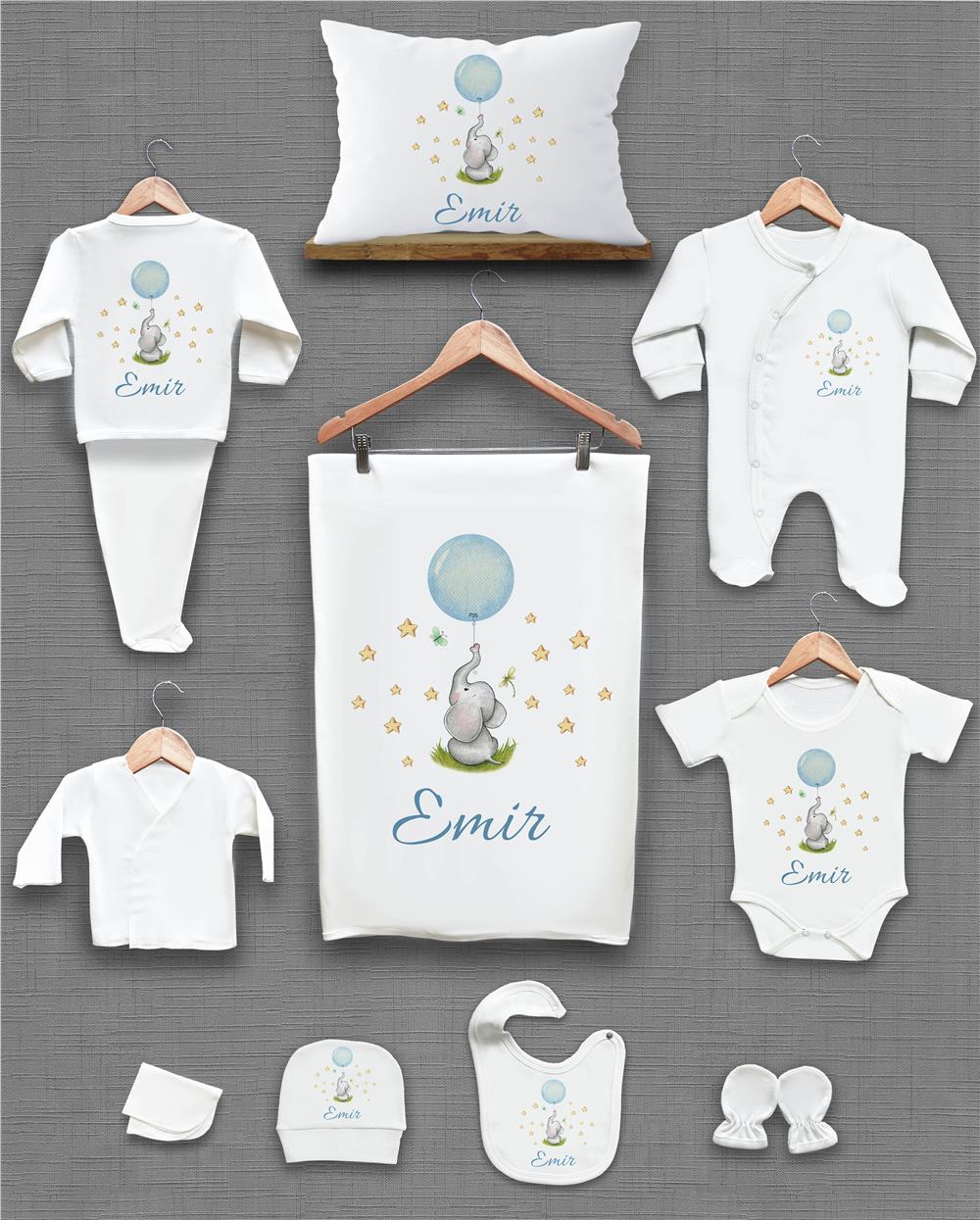 Fil ve Balon Desenli 11'li İsimli Organik Hastane Çıkış Seti