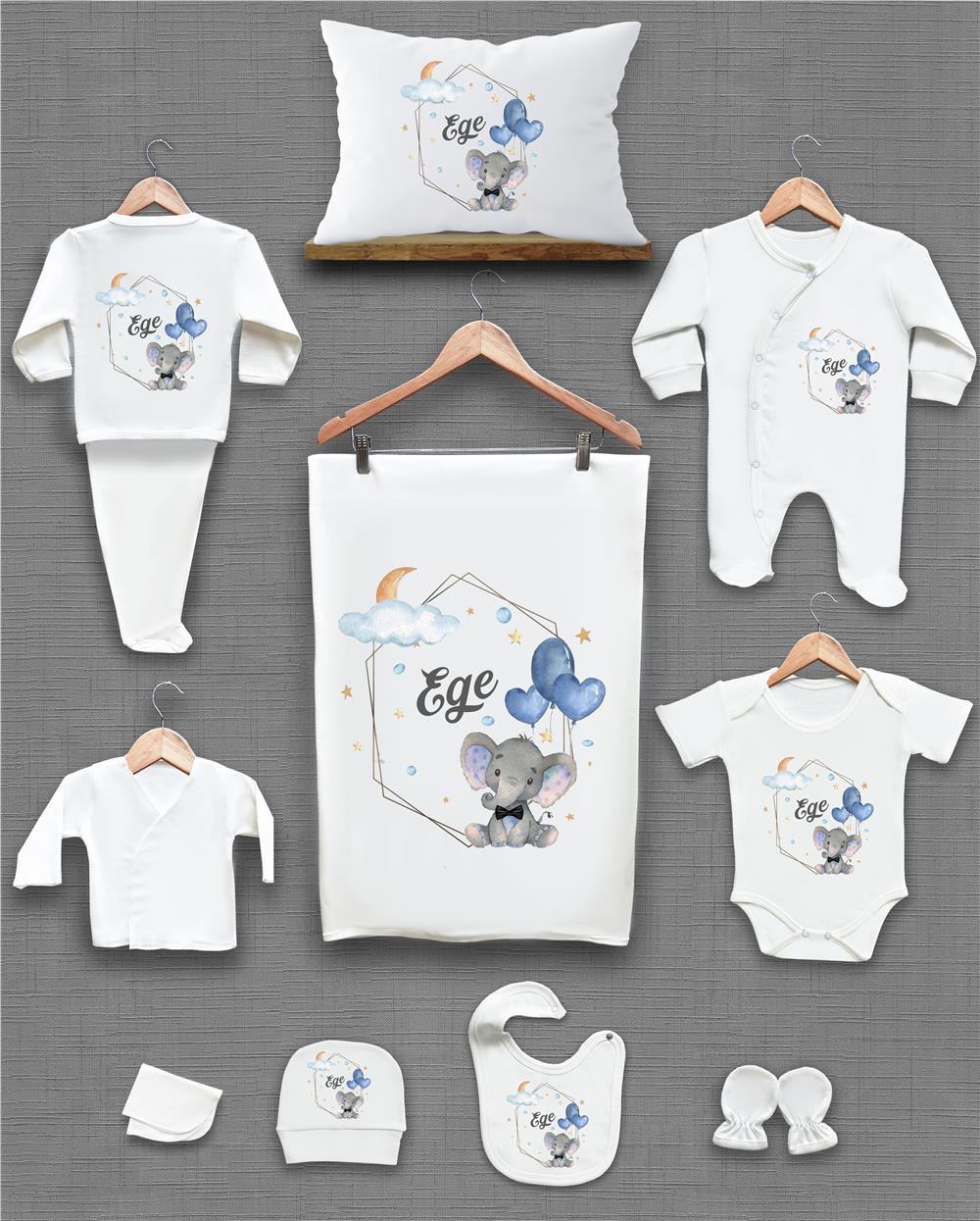 Fil ve Bulut Desenli 11'li İsimli Organik Hastane Çıkış Seti