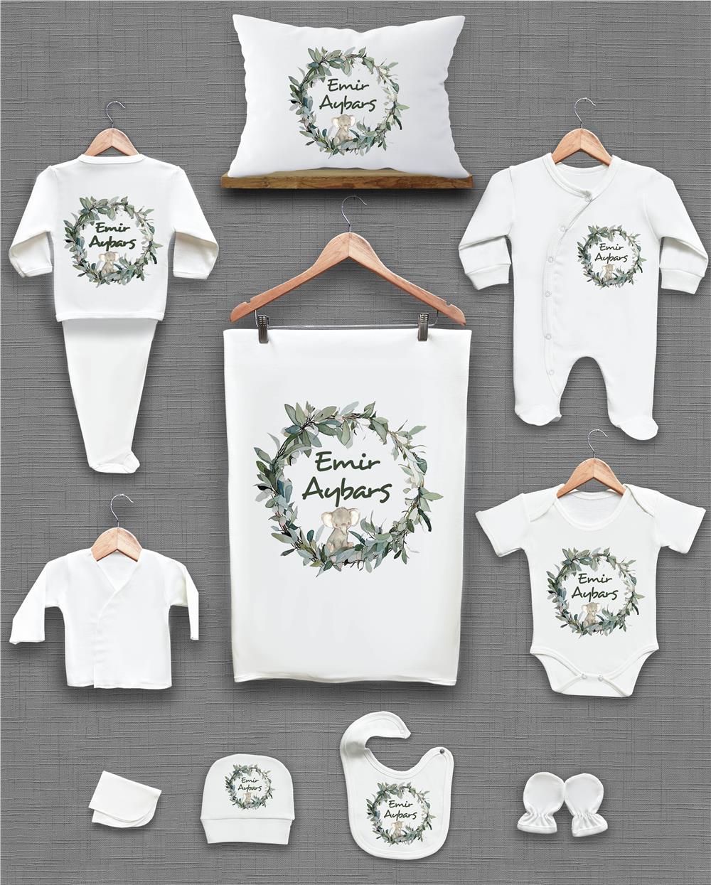 Fil ve Çelenk Desenli 11'li İsimli Organik Hastane Çıkış Seti