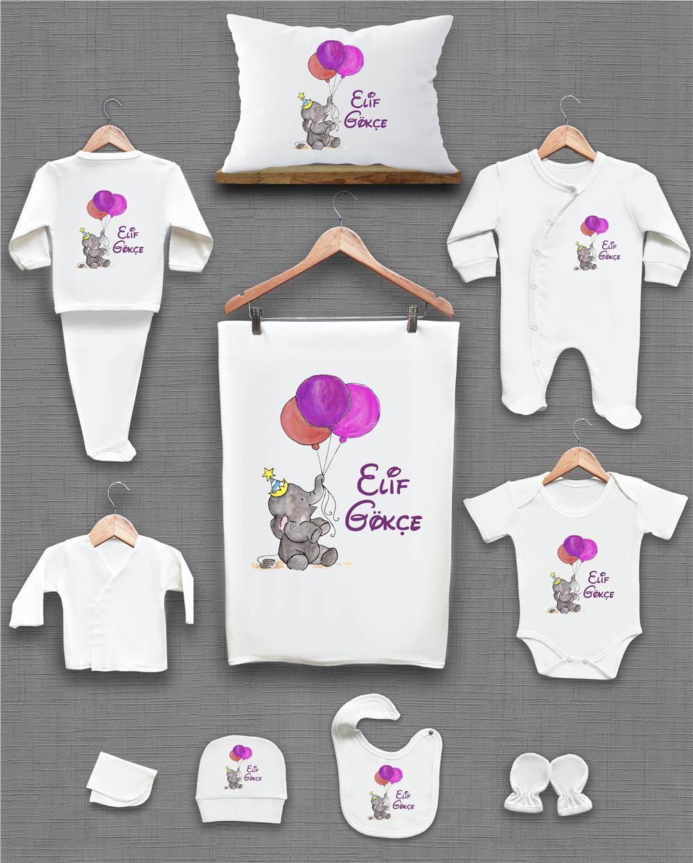 Fil ve Mor Renk Balon Desenli 11'li İsimli Organik Hastane Çıkış Seti