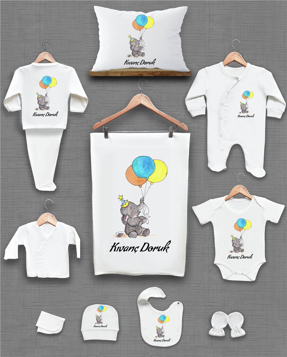 Fil ve Renkli Balon Desenli 11'li İsimli Organik Hastane Çıkış Seti